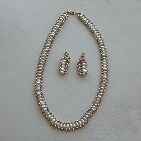 Vintage Freshwater Seed Pearl Gold Bead Necklace Earring Set Vintage 16” RTI 14K - Picture 2 of 16
